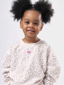 SUMWON 儿童动物纹印花套装，豹纹图案宽松卫衣和运动裤两件套，冬季休闲装，饰有粉色蝴蝶图案，适合度假穿着。 - 卡其色 - 查看 5