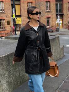 DAZY Women's Colorblock Loose Long Sleeve Pocket Belted Casual Thick Padded Coat, Autumn/Winter Jacket Leather Jacket - Black - View 6