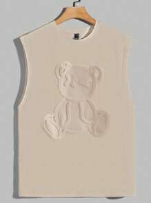 Manfinity NXTstreet 男士休闲针织熊图案压花修身无袖背心 - 卡其色 - 查看 3