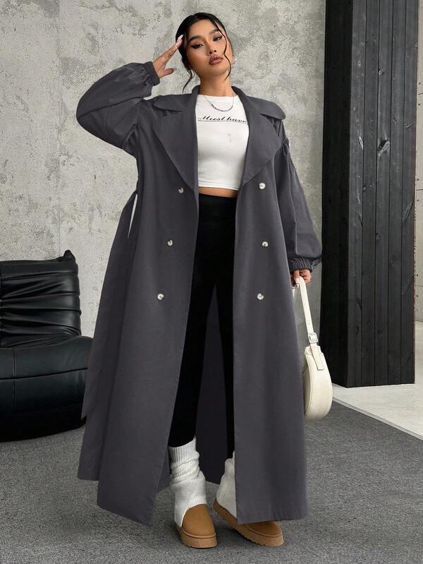 SHEIN EZwear Abrigo largo de trinchera gris casual de manga larga con cuello de solapa para mujer de talla grande, otoño