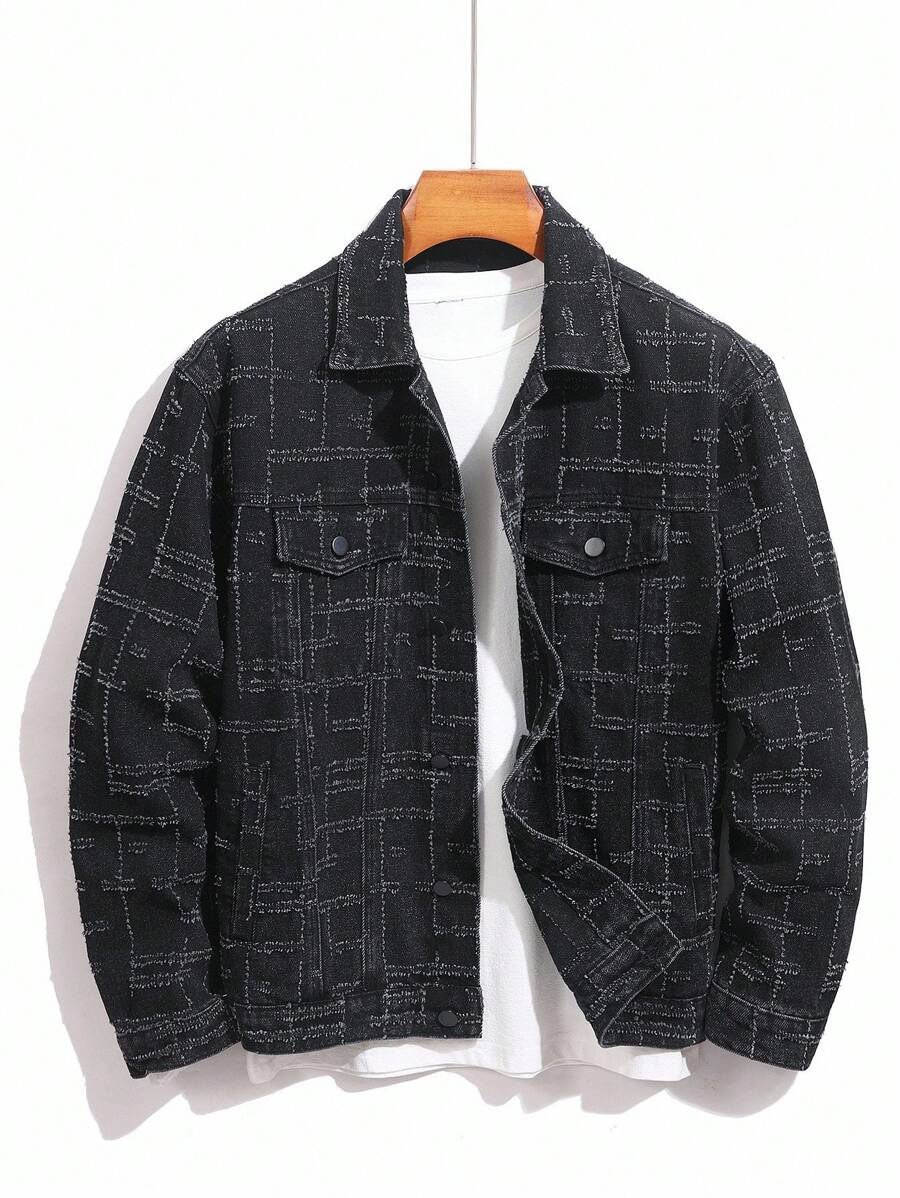 Manfinity Homme Chaqueta de mezclilla con estampado de cuadros para hombres - Negro - Ver 1