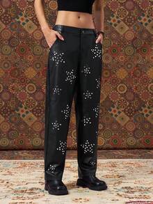 Easelle PU Pants With Silver Hot Five-Pointed Star Shape Autumn And Winter Trousers Women's Cool Autumn Clothes PU Trousers With Rivet Details Five-Pointed Star Rivet Fall Clothes Women - Black - View 7