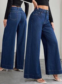 Elenzga Women's Loose Straight Leg Casual Denim Wide Leg Pants, Versatile For Summer - Dark Wash - View 1