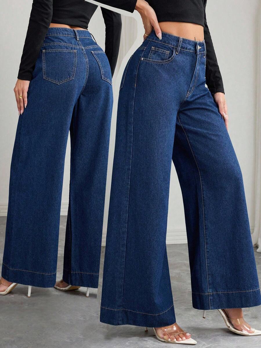 Elenzga Women's Loose Straight Leg Casual Denim Wide Leg Pants, Versatile For Summer - Dark Wash - View 1