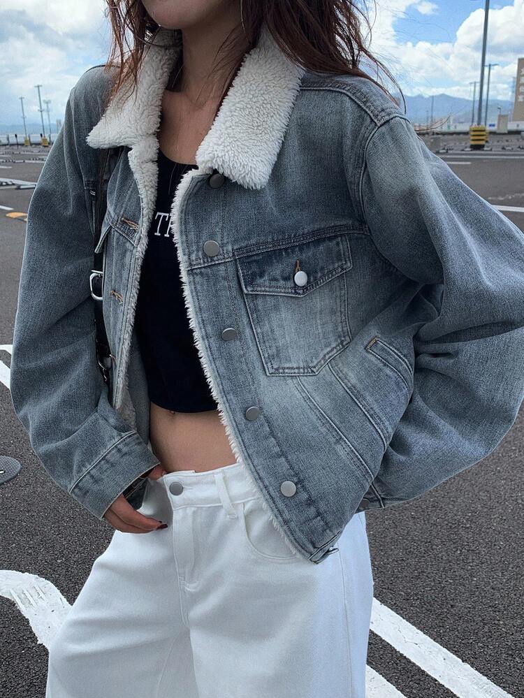 Women's Casual Faux Shearling Patchwork Denim Jacket Thermal Lined,Winter Y2k Women Coats