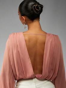 MISSGUIDED Áo liền thân bằng chiffon cổ chữ V sâu, tay chuông rộng, eo kiểu Empire, thanh lịch, thích hợp cho tiệc tối, dịp đặc biệt, đám cưới, tiệc cưới, dáng ôm sát, tạo điểm nhấn. - Bụi hồng - Xem 6