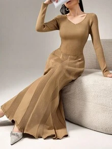 Heiryn Elegant & Versatile Vintage Mermaid Hem Knit Sweater Dress, Suitable For Commuting In Fall/Winter - Khaki - View 4