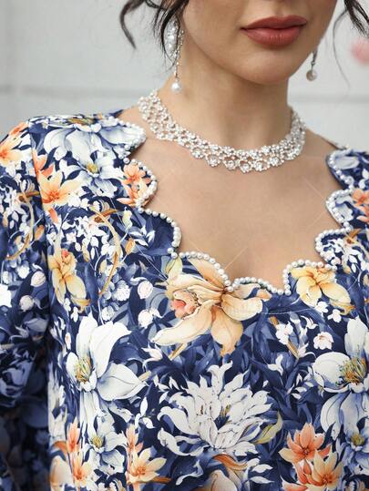 Yasmyna Elegant Vintage Romantic Floral & Pearl Decor Loose Fit Casual Dress For Women Floral Blouse Floral Tops Flower Tops Blouse Flower Blouses For Women