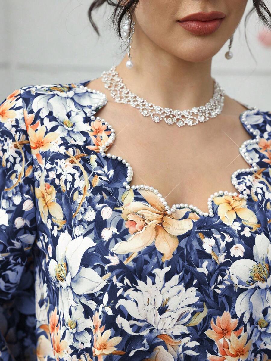 Yasmyna فستان كاجوال فضفاض مزين بالزهور والخرز الأنيق والرومانسي والفاخر للنساء - متعدد الألوان - مشاهدة 1