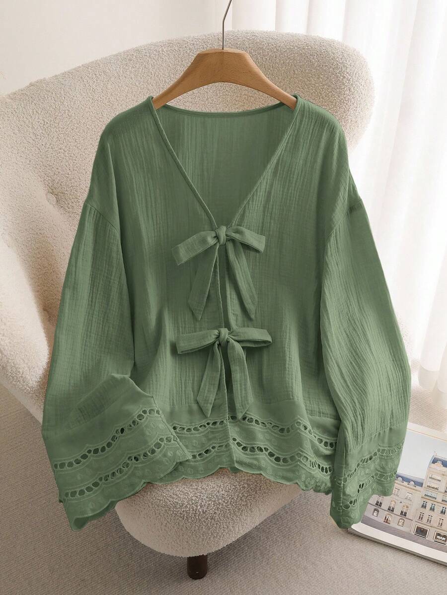 CosyJoli Plus Size Casual V-Neck Long Sleeve Shirt With Tie-Up, Floral Lace Patchwork Texture,Slightly Sheer,Fall Clothes For Women - Green - View 1