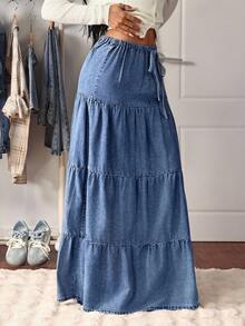 SHEIN Tall American Washed Denim A-Line Elastic Waist Flared Denim Skirt - Medium Wash - View 4