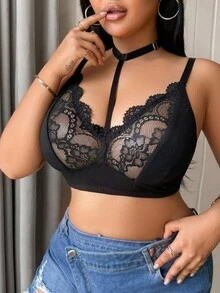 SHEIN Plus Size Lace Patchwork Wireless Bra - Black - View 6