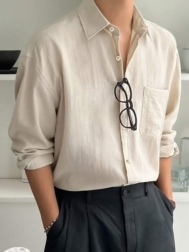 Men Solid Pocket Patched Drop Shoulder Shirt Long Sleeve Men Shirt, For Fall