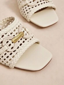 Rosivie Women's Retro One-Piece Square Toe Wooden Grain Thick Heel Brown French Mule Sandals, Fashionable For Dates, Stylish Outfits, Vacation & Casual Wear - Beige - View 6