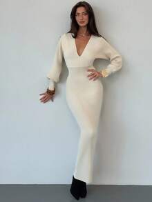 Aloruh Elegant Deep V-Neck Fitted Waist Long Sweater Dress, Casual Commuter Style, Autumn/Winter,Fall - Apricot - View 5