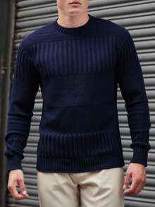 EURMUSE Men Cable Knit Detail Crew Neck Regular Sweater - Navy Blue - View 1