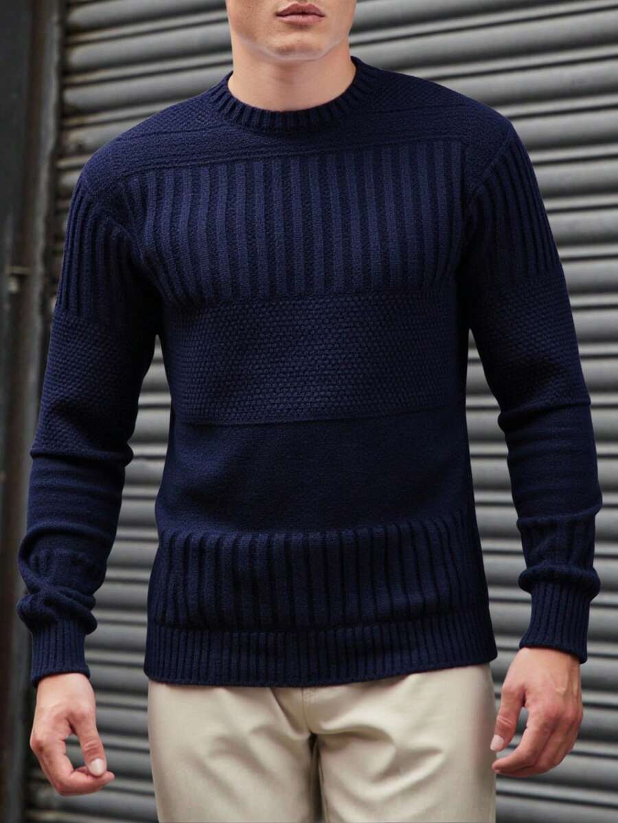 EURMUSE Men Cable Knit Detail Crew Neck Regular Sweater - Navy Blue - View 1