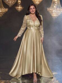 Glamrae Plus Size Elegant Champagne Deep V-Neck Long Sleeve Luxury Beaded Satin Asymmetric Maxi Dress,Winter Formal Party Wedding Gala Evening Dress - Apricot - View 7
