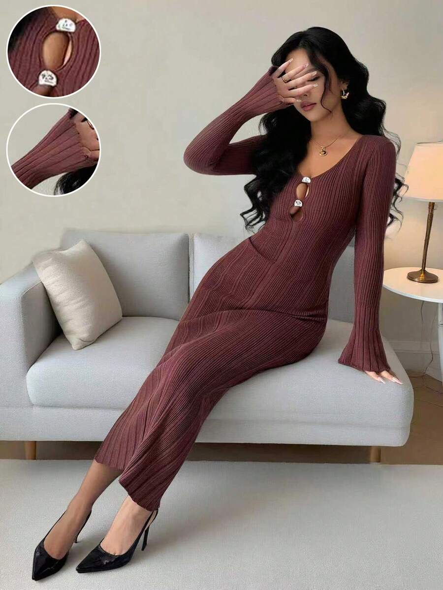 Rafferiza Elegante vestido de punto maxi de manga larga con cuello redondo ajustado y diseño de botones metálicos para mujeres, primavera/otoño - Marrón - Ver 1