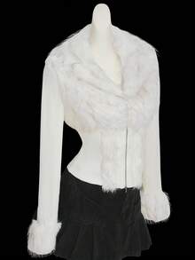 SHEIN ICON Y2k Women's Going Out Fall Western Going Out Zip Up Grunge Concert Goth Zipper White Fashion Faux Fur Patchwork Long Sleeve Fitted Jacket