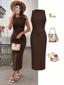 SHEIN LUNE 休闲女式杏色纹理针织紧身连衣裙