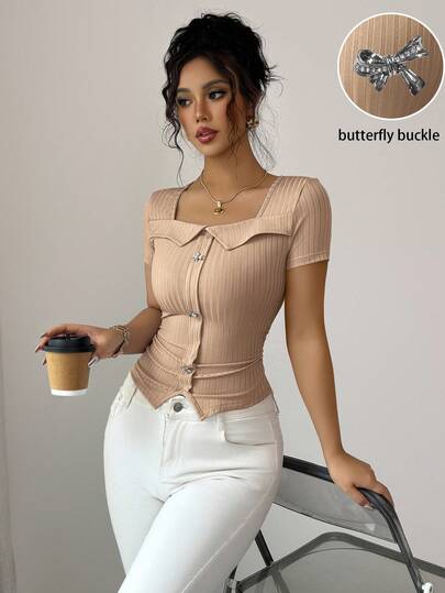 Elenzga Camiseta casual y versátil con decoración de lazo para mujer, de verano