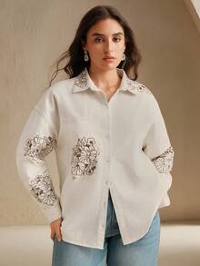 Anewsta 女式奢华刺绣水钻装饰白色牛仔夹克 - 杏色 - 查看 6