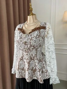 SHEIN LUNE 大码女式优雅蕾丝拼布派对衬衫 - 卡其色 - 查看 5