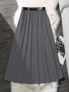 Franclia Plus Size Women Elegant Waist Belt Decor Skirt, Commuter Style Fall Cloth For Women Belt Skirt Pleated Skirt Black Belt Skirt Elegant Skirt Gray Skirt