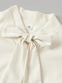 SHEIN 青少年女孩休闲日常法式优雅学院风翻领蝴蝶结灯笼袖修身长袖衬衫，返校季，经典百搭衬衫，青少年女孩服装，娃娃装上衣，白色上衣，白衬衫，长袖上衣，可爱上衣 - 米色 - 查看 3