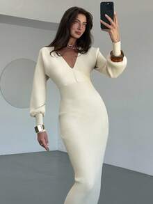 Aloruh Elegant Deep V-Neck Fitted Waist Long Sweater Dress, Casual Commuter Style, Autumn/Winter,Fall - Apricot - View 3
