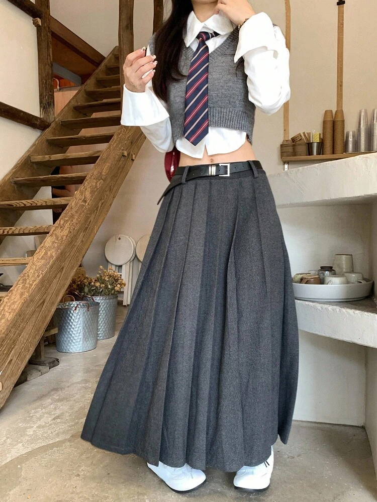 Women's Pleated Solid Color Casual Skirt Fall