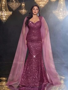 Aureia 加大码优雅浪漫奢华莲花粉色亮片撞色网眼甜心领串珠胸围腰部喇叭袖合身鱼尾下摆连衣裙，适合晚会、约会、度假、舞会、婚礼活动（重度点缀） - 藕粉色 - 查看 6