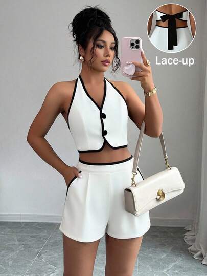 Selianne Nuevo conjunto de verano de 2 piezas para mujer con top corto con espalda descubierta y lazos en contraste de color + shorts con bolsillos en diagonal y ribete en contraste