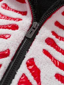 Manfinity EMRG Men's Winter Red And White Skeleton Jacket,Skull Towel Embroidery Thermal Lined Warm Coat,Streetwear Holiday Y2K Fashion,Anime Zip Up Fall Outerwear - Red - View 5