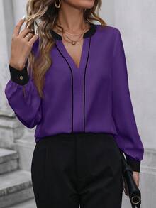 SHEIN Clasi Women's Fashion Casual Contrast Trim Notched Neck Blouse - Purple - View 1
