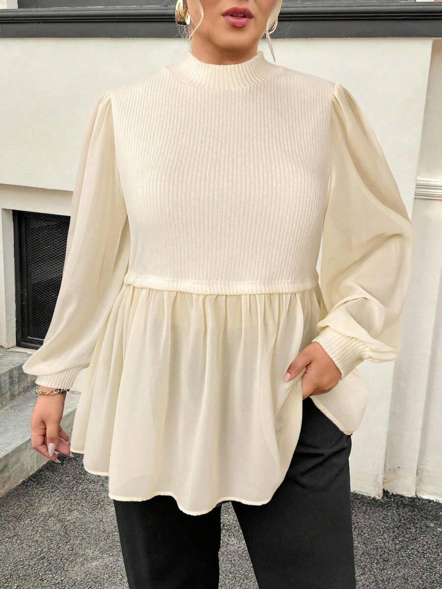 SHEIN Clasi 大码女式黑色长袖翻领衬衫上衣,秋季服装 - 杏色 - 查看 1