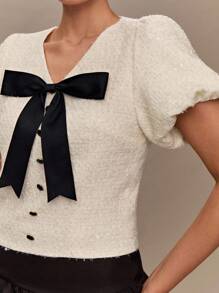 Enchnt Women's Short Puff Sleeve Elegant Bow Tweed Blouse - White - View 3