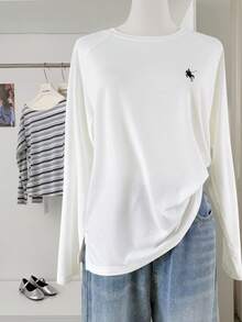 INAWLY Women's Casual Solid Color Knight Embroidered Round Neck Long Sleeve T-Shirt Fall Cloth For Women - White - View 3