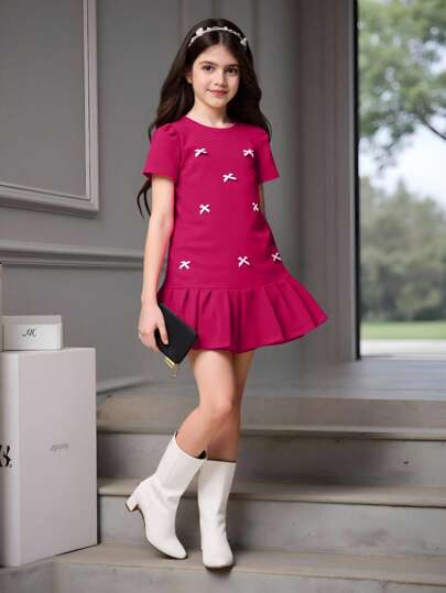 SHEIN 1pc Tween Girls' 3D Bow Decor Short Sleeve Pleated Skirt Loose Fit, Spring/Summer Girl Clothes For Kids Young Girls Dresses Kids Girls Clothing Young Girls Dresses Summer Holiday