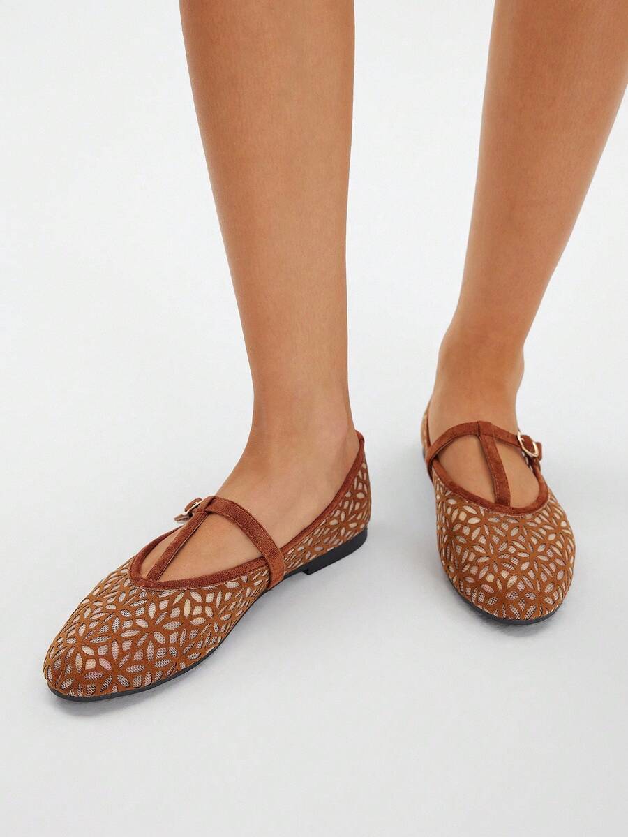 Styleloop Women's Laser Mesh Breathable T-Strap Decor Round Toe Casual Comfortable Versatile Elegant Flat Shoes, Suitable For Halloween, Christmas, Autumn - Brown - View 1