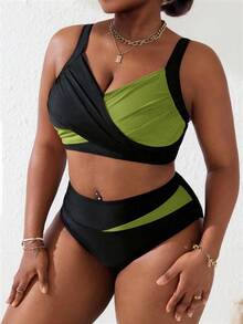 Slaydiva 2pcs Plus Size Women's Black And Pink Cut-Out Ruched Tankini Swimsuit Set, For Summer Beach Holiday - Olive Green - View 5