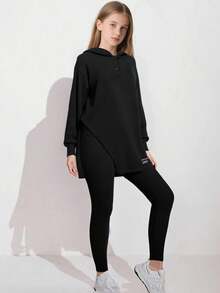 Set de 2 blusas casuales y sueltas de unicolor para niñas, estilo minimalista de uso diario, para primavera/otoño - Negro - Ver 5