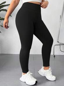 SHEIN EZwear 休闲简约大码保暖内衬宽腰带保暖紧身裤，适合秋冬季 - 黑色 - 查看 6