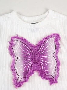 Elladie kids 年轻女孩休闲修身短袖圆领 T 恤，带有可爱的 3D 蝴蝶刺绣牛仔布贴片设计，女孩宽松水洗牛仔工装裤，带有多个口袋，休闲时尚，适合日常穿着 - 彩色 - 查看 4