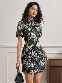 EastFlair Women's Floral Print Short Sleeve Mini Dress Fall Clothes For Women Christmas Women's Clothing Formal Dress Dress   Chinese Style Vintage Dress  Fall Clothes For Women Christmas Women's Clothing - Black - View 4