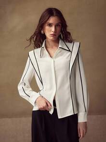 MOTF PREMIUM CONTRAST BINDING RUFFLE ARMHOLE LONG SLEEVE SHIRT - White - View 5