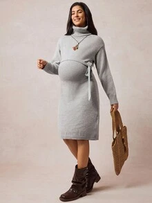 SHEIN Gaun Sweater Hamil Lengan Panjang Elegan Kerah Tinggi Warna Polos dengan Detail Lipatan di Bagian Depan, Gaya Vintage - Grey - View 6