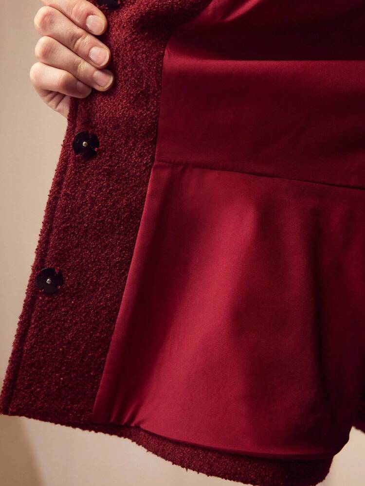 TWEED EMBROIDERY LASER CUT CUFF BELTED BLAZER