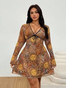 SHEIN EZwear 加大码向日葵印花休闲度假连衣裙，初秋女士太阳裙 - 彩色 - 查看 3